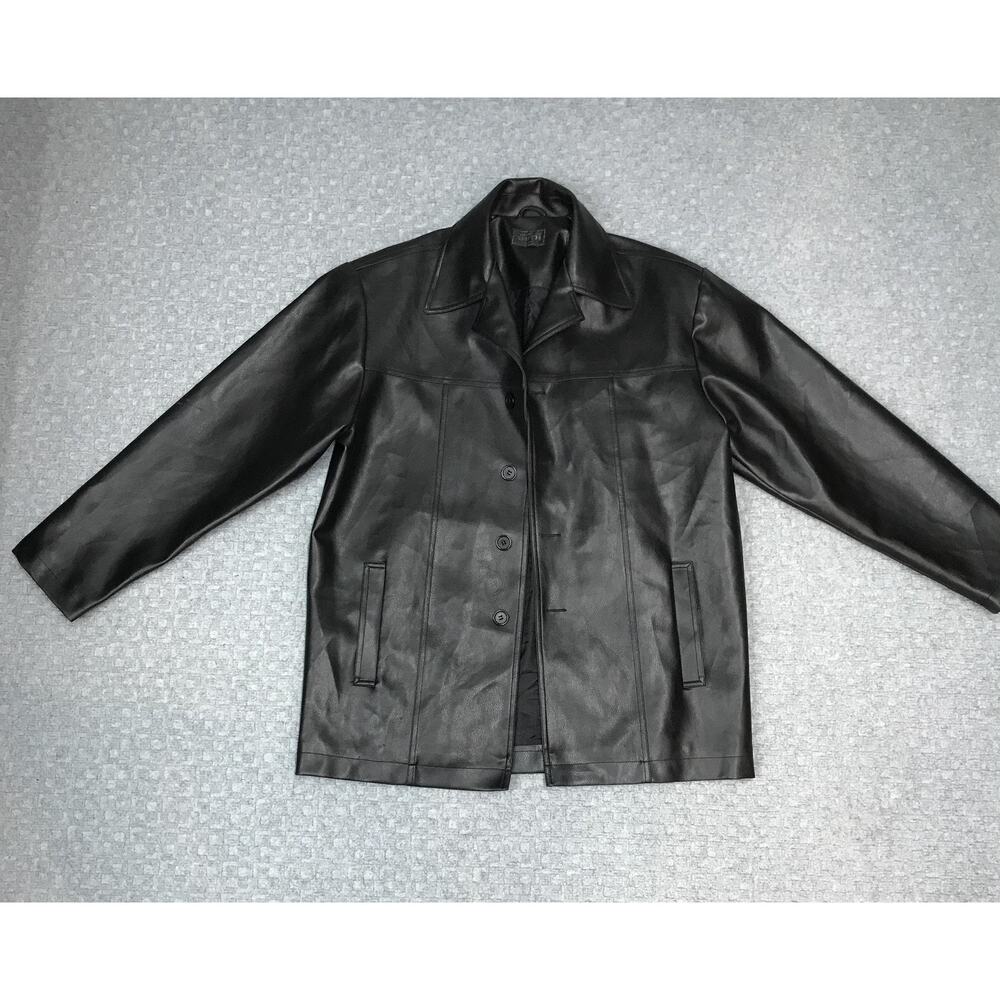 Whispering Smith London Coat Mens Large Black Faux Leather Car Coat Long Lined